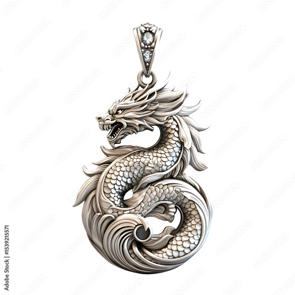 Fototapeta premium Intricately Detailed Silver Dragon Pendant with Flowing Tail and Scaled Texture in Mythical Eastern-Inspired Jewelry Design