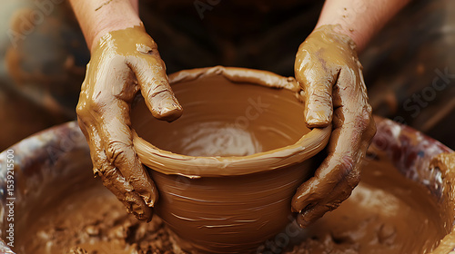 Hands of a potter shaping clay forming a beautiful ceramic bowl on the wheel