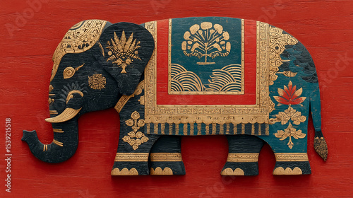 Painted Wooden Elephant Sculpture on Red Wood