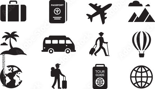 Black Silhouette Travel Icons Set Airplane Passport Luggage Globe