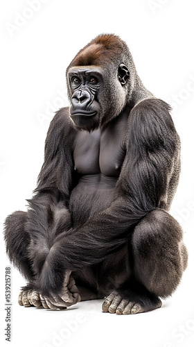 Majestic gorilla sitting isolated against a white background displaying strength and intelligence