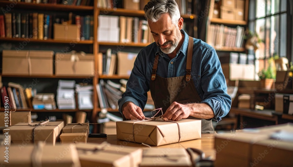Fototapeta premium Man packing and labeling products on table