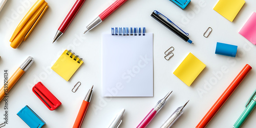 Overhead view of office stationery with blank notepad and colorful pens on white surface