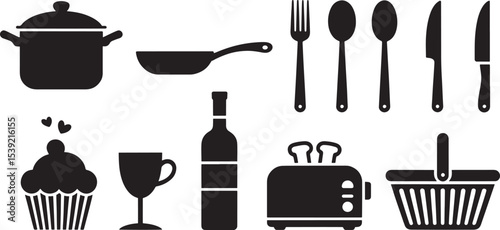 Ten Black Kitchen Utensil Silhouettes Cupcake Wine Bottle