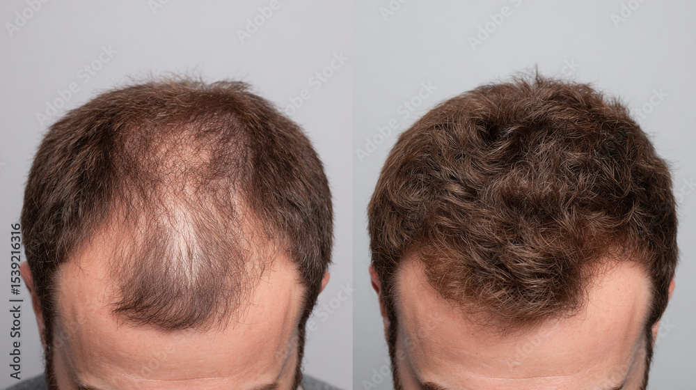 Obraz premium Before and after hair restoration showcasing a fuller head of hair achieved through a hair growth treatment or hair transplant procedure.