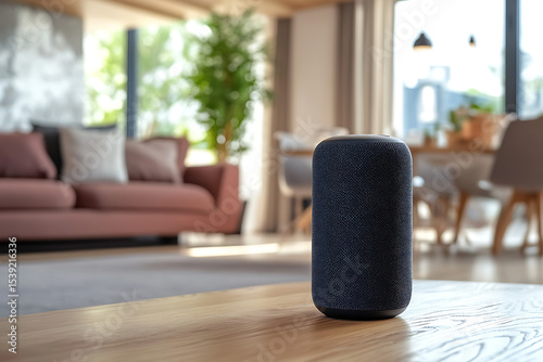 Smart home speaker in a cozy modern living room on wooden coffee table