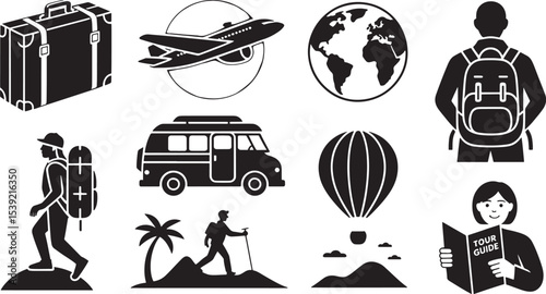 Ten Black Silhouette Travel Icons Airplane Backpack Globe Suitcase