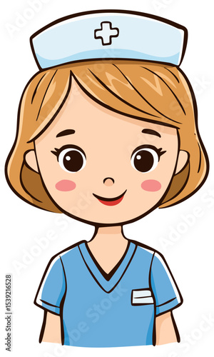 Cartoon nurse character smiling, dressed in blue scrubs, isolated 