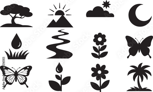 Ten Black Silhouettes Nature Icons Set Tree Sun Moon Flowers Butterfly