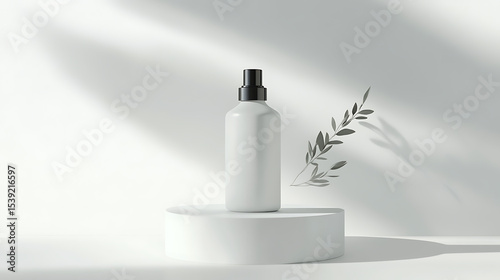 White cosmetic bottle on a minimalist pedestal with shadows and a sprig of foliage