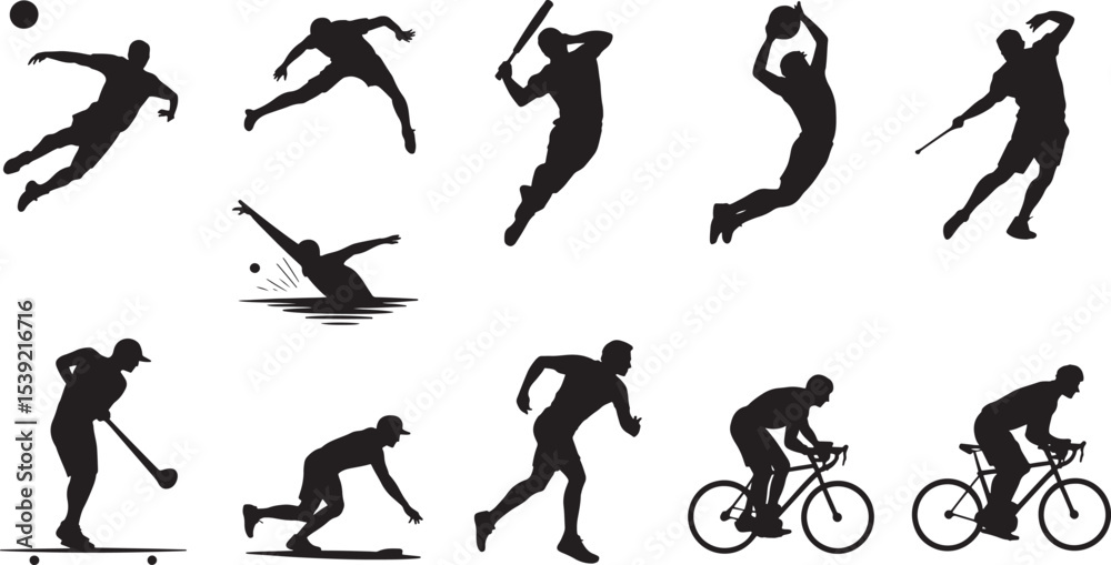 Ten Black Silhouettes of Athletes Playing Various Sports Ten Black Silhouettes of Athletes Playing Various Sports