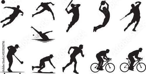 Ten Black Silhouettes of Athletes Playing Various Sports