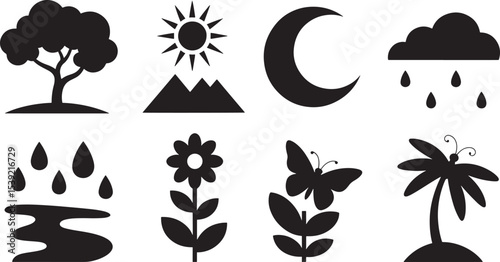 Ten Black Silhouettes Nature Icons Sun Moon Rain Tree Flower Butterfly