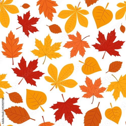 Colorful autumn leaves scattered on a white background create a vibrant seasonal pattern. Seamless pattern
