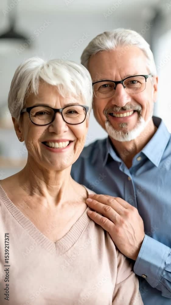 Happy mature couple with grey hair embracing indoors, showing love and care with smiles and affection, wearing eyeglasses and casual clothing Happy mature couple with grey hair embracing indoors, showing love and care with smiles and affection, wearing eyeglasses and casual clothing