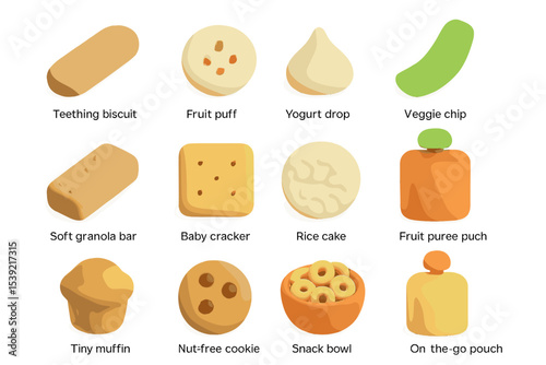 Baby snacks variety with biscuits, puffs, and granola in assorted shapes