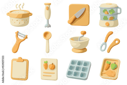 Colorful cooking utensils and appliances set with soft pastel tones