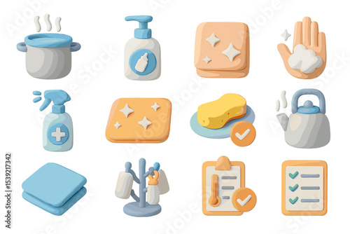 Colorful household cleaning icons with bottles, sponge, and dishes