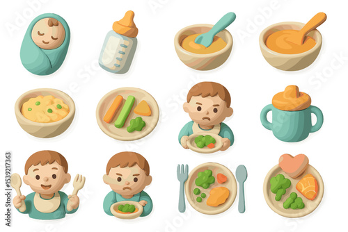 Cute cartoon baby eating with food variety and expressions