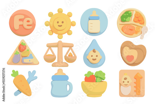 Colorful nutrition and health icons with smiling faces for kids' meals