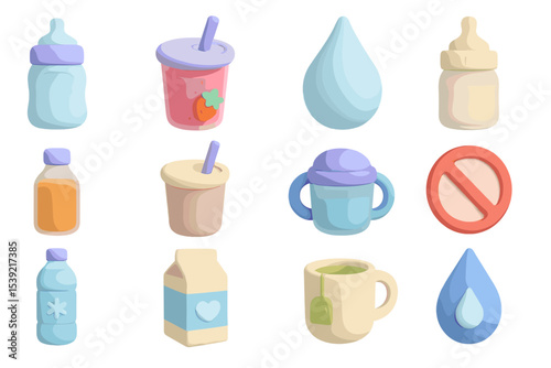Pastel baby bottles, sippy cups, and drinks collection with soft glow