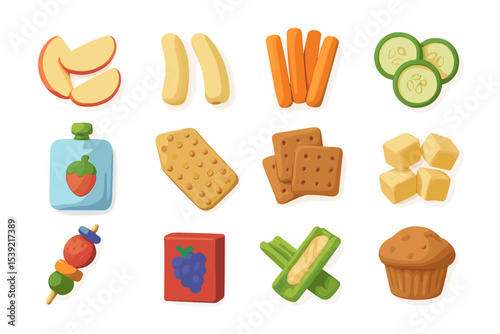 Colorful assortment of clay snacks and fruits in grid layout