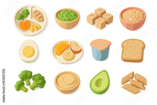 Colorful clay food models including vegetables, fruits, and grains