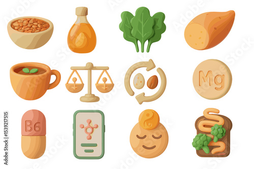 Nutrient icons featuring vegetables, minerals, and wellness symbols