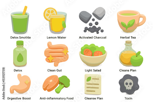 Vitality icons: herbal tea, lemon water, detox, salad, charcoal, cleanse plan