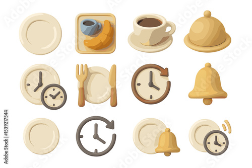 Clay style food and time icons with plates, clocks, coffee, croissant