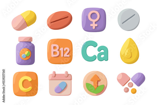 Colorful vitamin and supplement icons for health and wellness