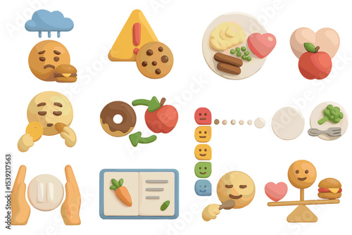 Colorful emoji art depicting food choices and emotions