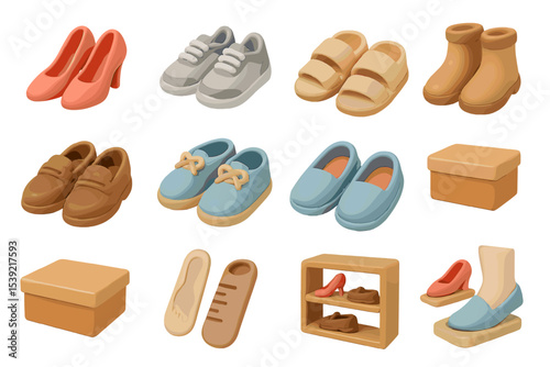 Assorted footwear display with shoes, sneakers, slippers, and boots