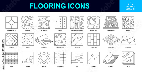 flooring material icon set. eps flooring icons containing hardwood, parquet, mosaic, steel, carpet, ceramic, pebble, plywood, vinyl, paving tile, stone, cork, rubber, marble, laminate, granite etc.