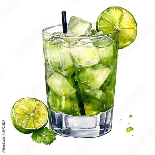 Vibrant Watercolor Illustration of Caipirinha Cocktail with Ice Cubes Lime Slices and Fresh Mint in a Glass for Tropical Beverage