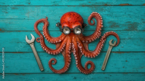 A red octopus wearing goggles is centered on a turquoise wooden background, flanked by two metal wrenches on either side.