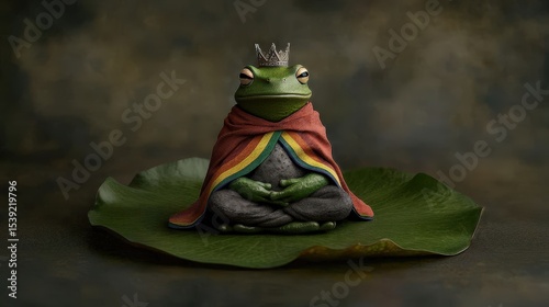 A frog dressed as a serene king in meditation pose with a small crown and colorful cloak, sitting on a large green leaf against a dark background.