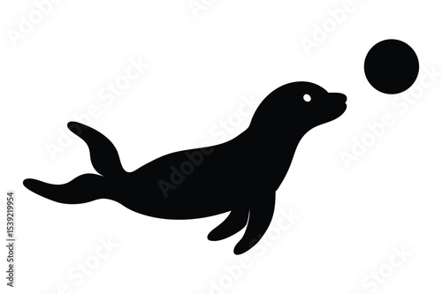 Silhouette of a seal bouncing a ball with nose vector illustration.