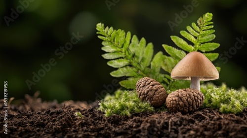 A small brown mushroom grows beside pinecones and green fern leaves on a mossy forest floor with rich soil.