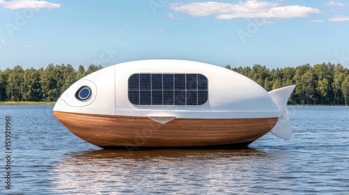 A futuristic, fish-shaped floating house with solar panels is seen on a calm lake surrounded by trees under a partly cloudy sky.