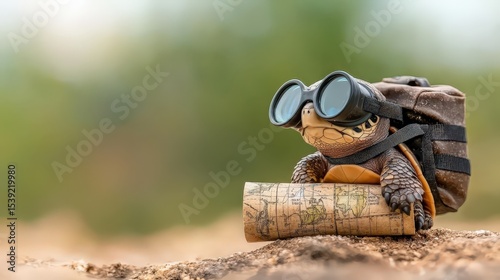 A small tortoise wearing binoculars and carrying a backpack holds a map, symbolizing adventure and exploration in a natural setting.