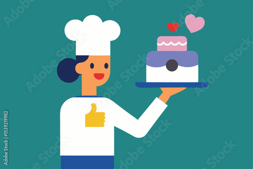 Happy baker presenting delicious layered cake thumbs up