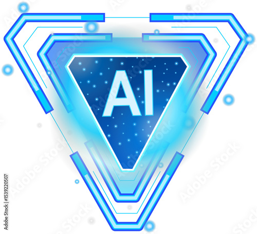 Dynamic triangular artificial intelligence chip on a circuit board on a transparent background, striking blue triangle with the abbreviation AI in its center