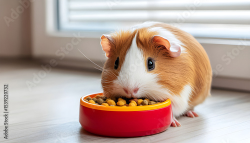 Close-up portrait of cute guinea pig eating from a red bowl. Cavy rodent with brown fur, adorable pet animal on wooden table. Funny fluffy face with big eyes