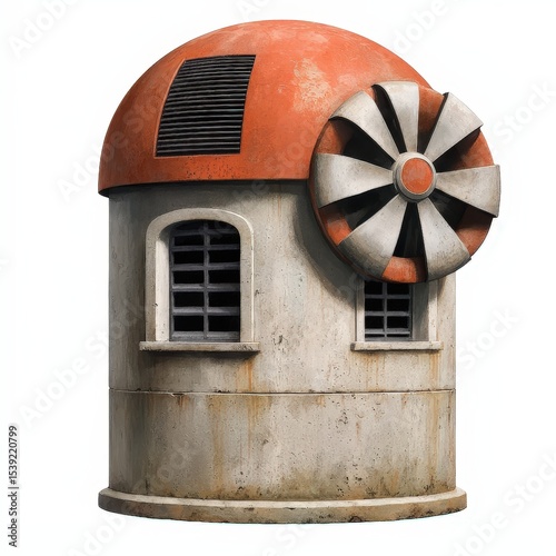 A small industrial-style structure with a rounded orange roof, ventilation slats, and a large metal fan attached on the side, resembling a futuristic or retro machine.