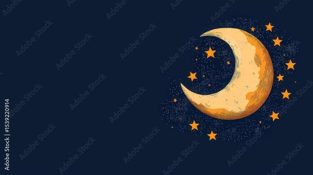 Naklejka premium Illustrated crescent moon surrounded by stars on a dark blue background, evoking a dreamy and celestial nighttime scene.