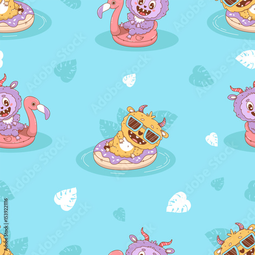 Seamless pattern with summer Cute Monster on inflatable pink flamingo and donut on blue background with tropical leaves. Beach Funny kawaii character animal. Vector illustration