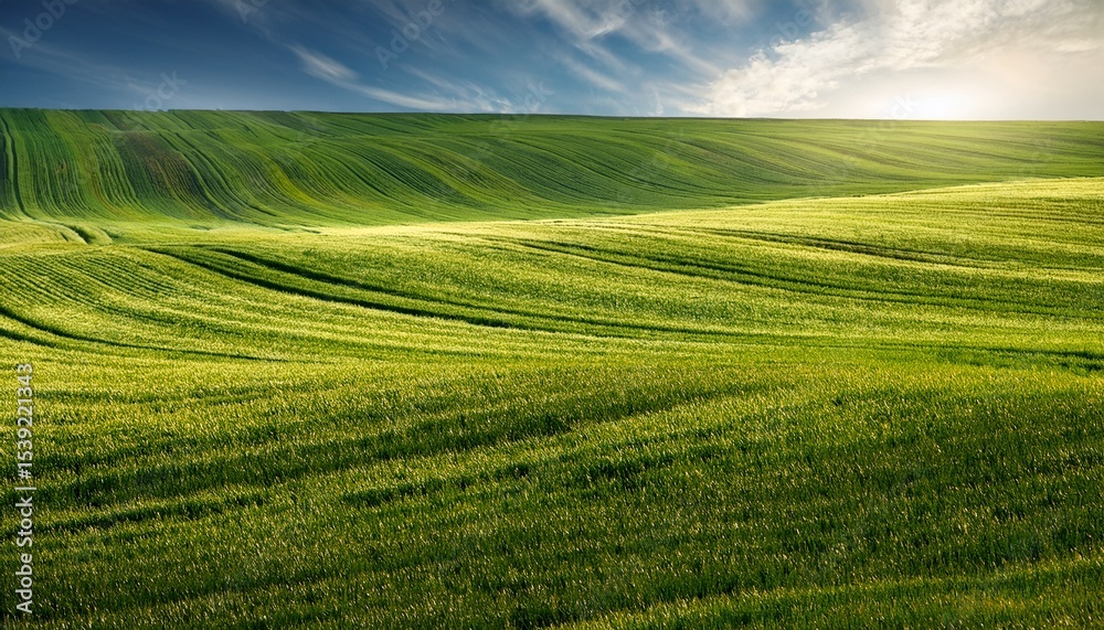 Obraz premium vibrant green field illuminated by sunlight with horizontal lines and natural texture