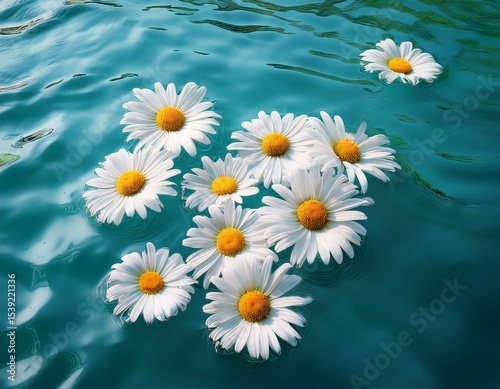 floating white daisies with yellow centers on calm turquoise water surface