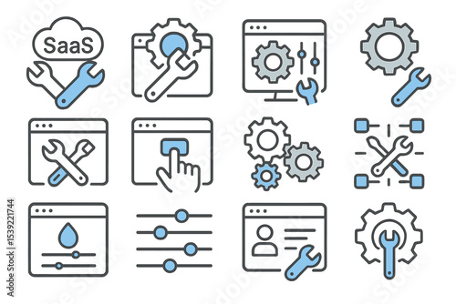 Saas tools icons with gears and wrenches on metallic background